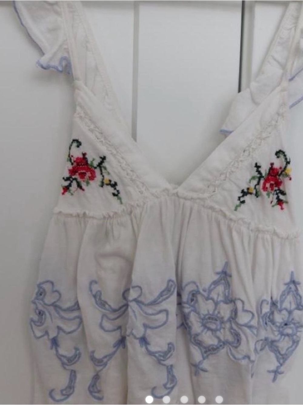 ISO Kimchi Blue White Embroidered V-Neck Camisole with Red Floral Accents